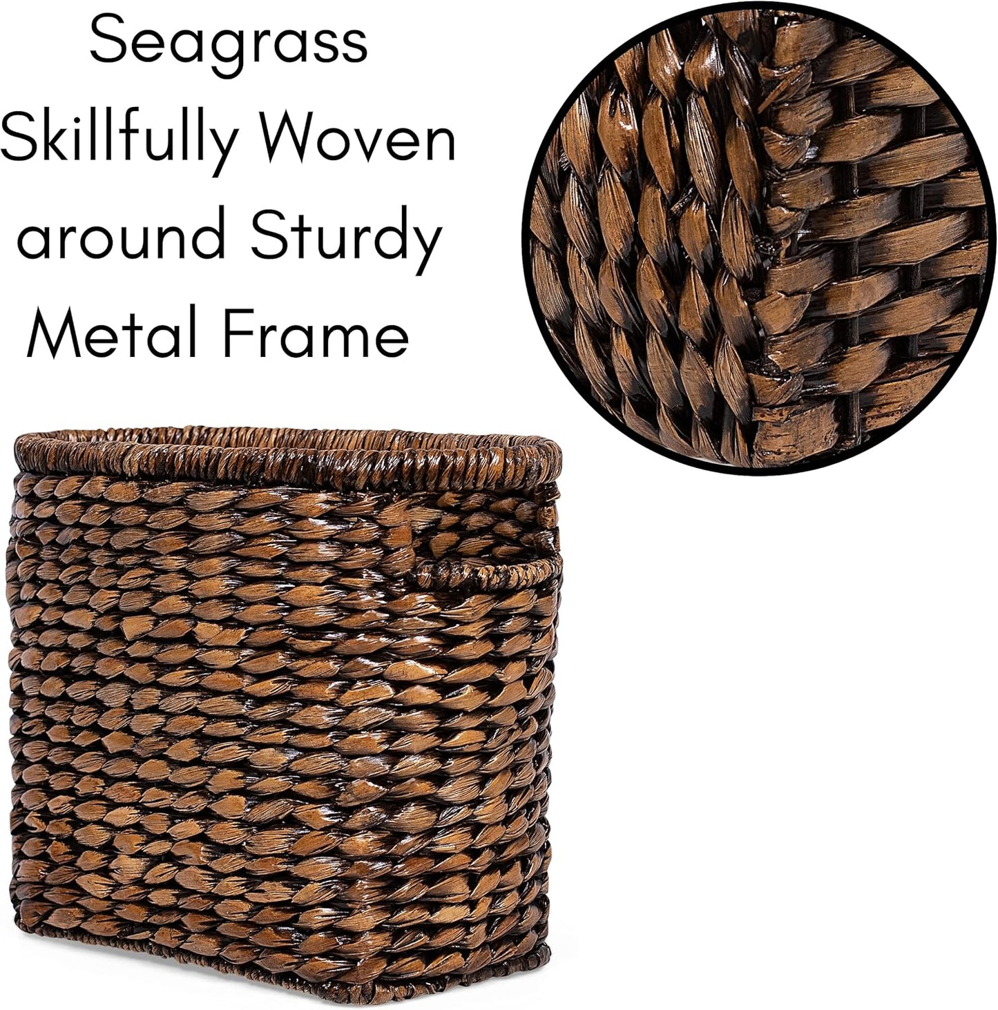 BIRDROCK HOME Woven Seagrass Magazine Basket - Brown Wash - Hand Woven - Living Room Bathroom Storage - Handles - Sturdy Metal Frame