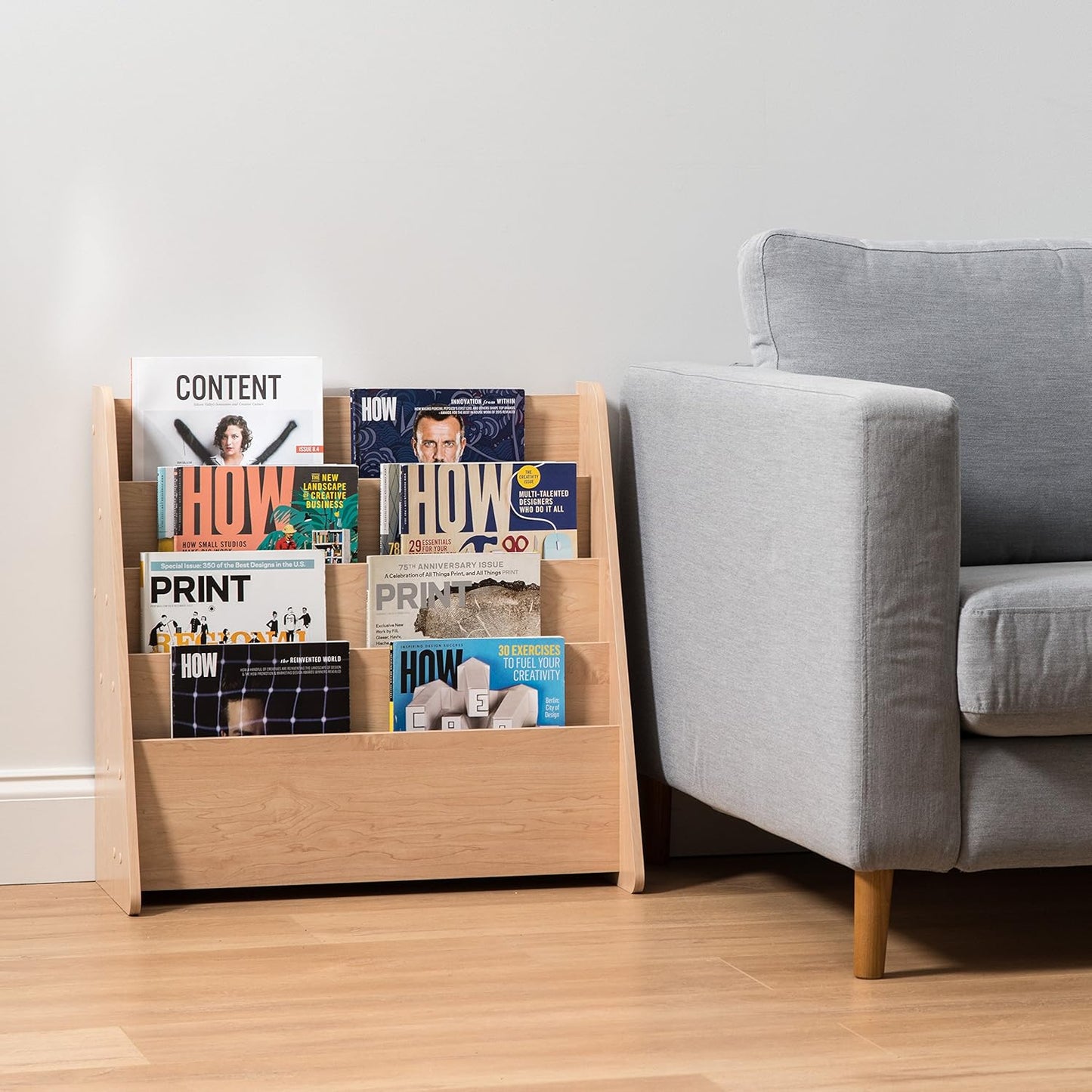 IRIS USA Wide Wooden Magazine Rack, 4-Pocket Periodical Book Sketchbook Stand with Deep Compartments for Living Room Office, Light Brown